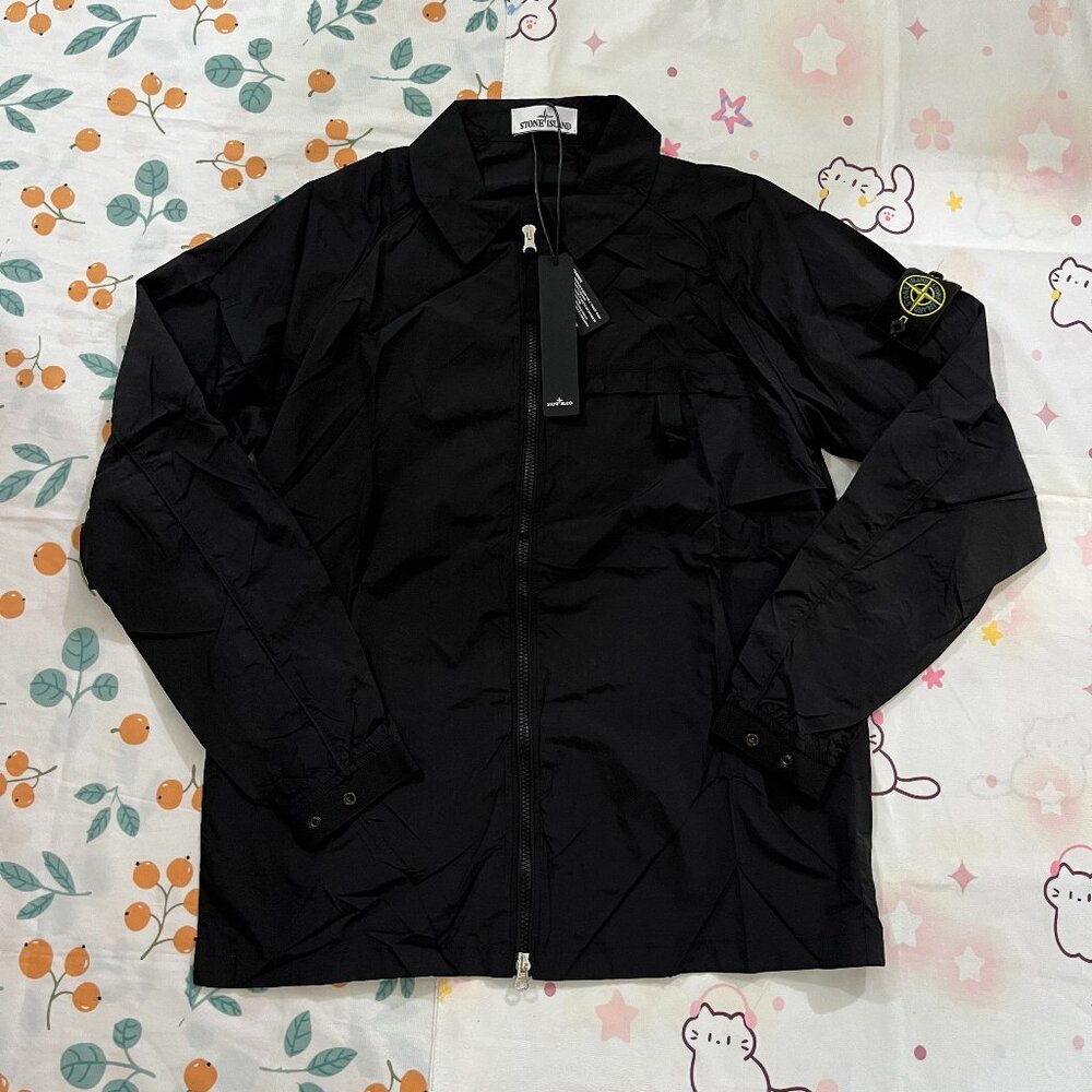 Stone Island Crinkle Reps Black Pleated Nylon Zip-Up Shirt Jacket